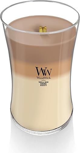 WoodWick Large Hourglass Trilogy Candle, Café Sweets Scented, Premiums Soy Wax Blend, Crackles as it Burns, 21oz(Café Sweets Trilogy,Large Hourglass)