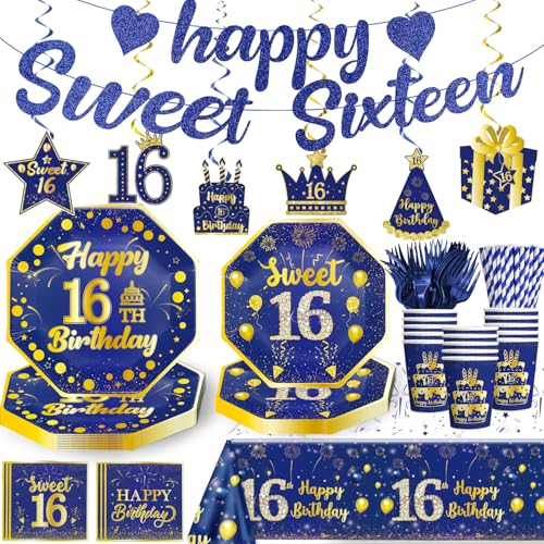 164pcs Sweet 16 Birthday Decorations Tableware Set for Girls Boys Teenager, Sweet 16 Party Decorations Blue with Sweet 16 Plates and Napkins Happy Sweet 16 Banner Tablecloth, Serves 25