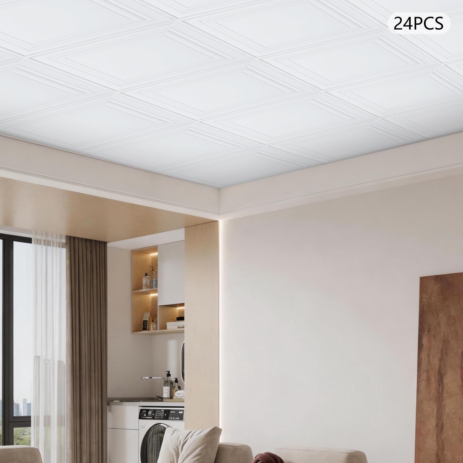 24PCS PVC-Deckenplatten Decken Verkleidungen 60x60x1.5cm(Weiß) | Dekorative Deckenfliesen aus PVC Quadratisches Wandfliesen Kunststoff-Deckenfliesen zum Aufkleben für Wohnzimmer