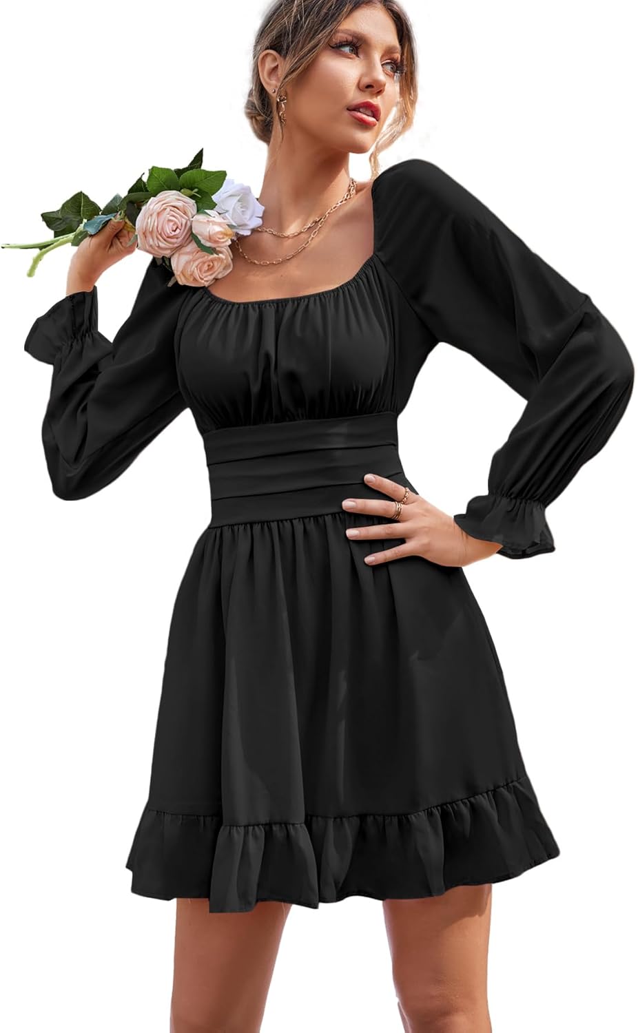 LYANER Women's Square Neck Off The Shoulder Tie Back Elastic Waist Long Sleeve Ruffle Hem Short Mini Dress