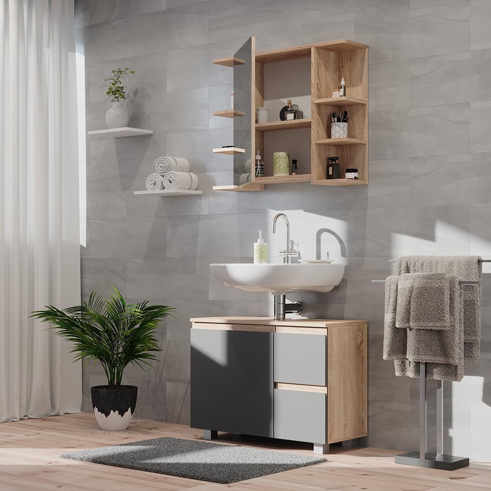 Vicco Armoire de Toilette Fynn, Sonoma, 79.6x64cm | avec miroir et étagères ouvertes pour montage mural
