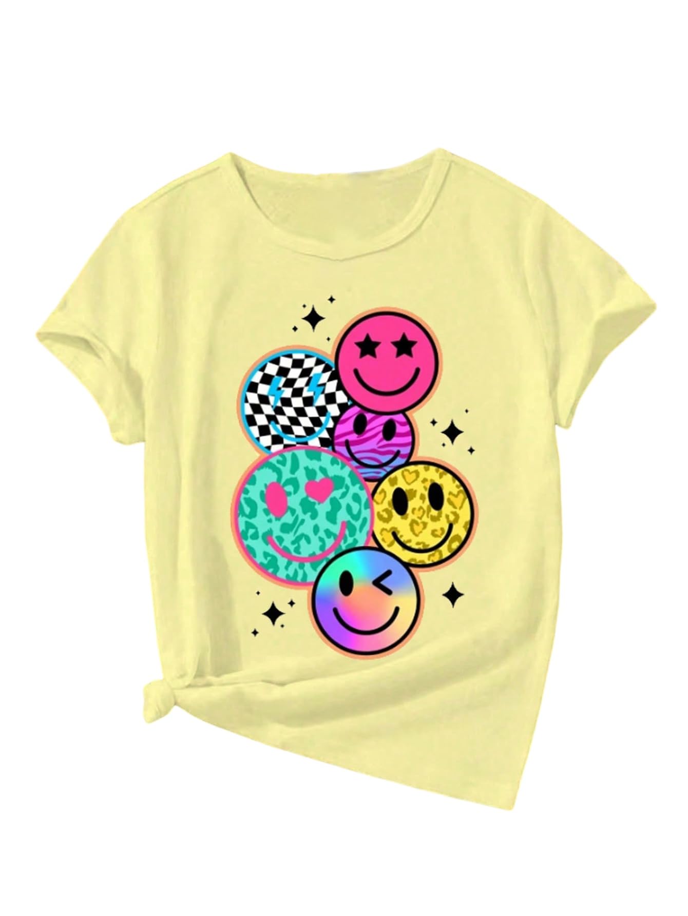 Floerns Maglietta a maniche corte da ragazza con stampa con faccina sorridente, maglietta casual carina