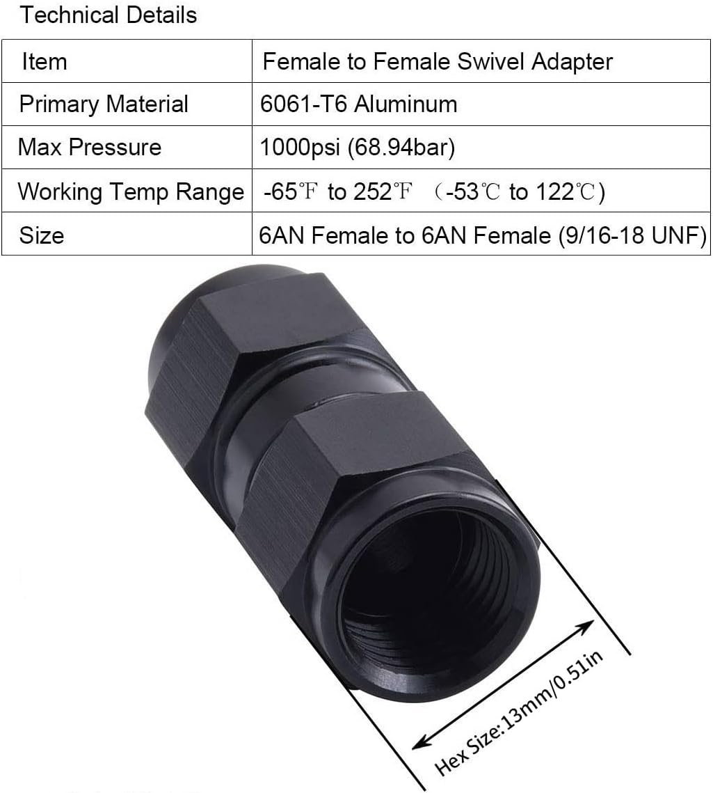6AN Female to 6AN Female Straight Swivel Coupler Fitting Adapter 9/16-18UNF Thread Aluminium Anodized Black 2PCS