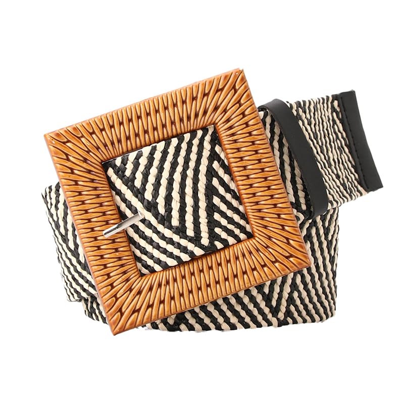 COTIM COYIN Women's Square Buckle Elastic Straw Braided Belts, Woven Boho Waist Belt