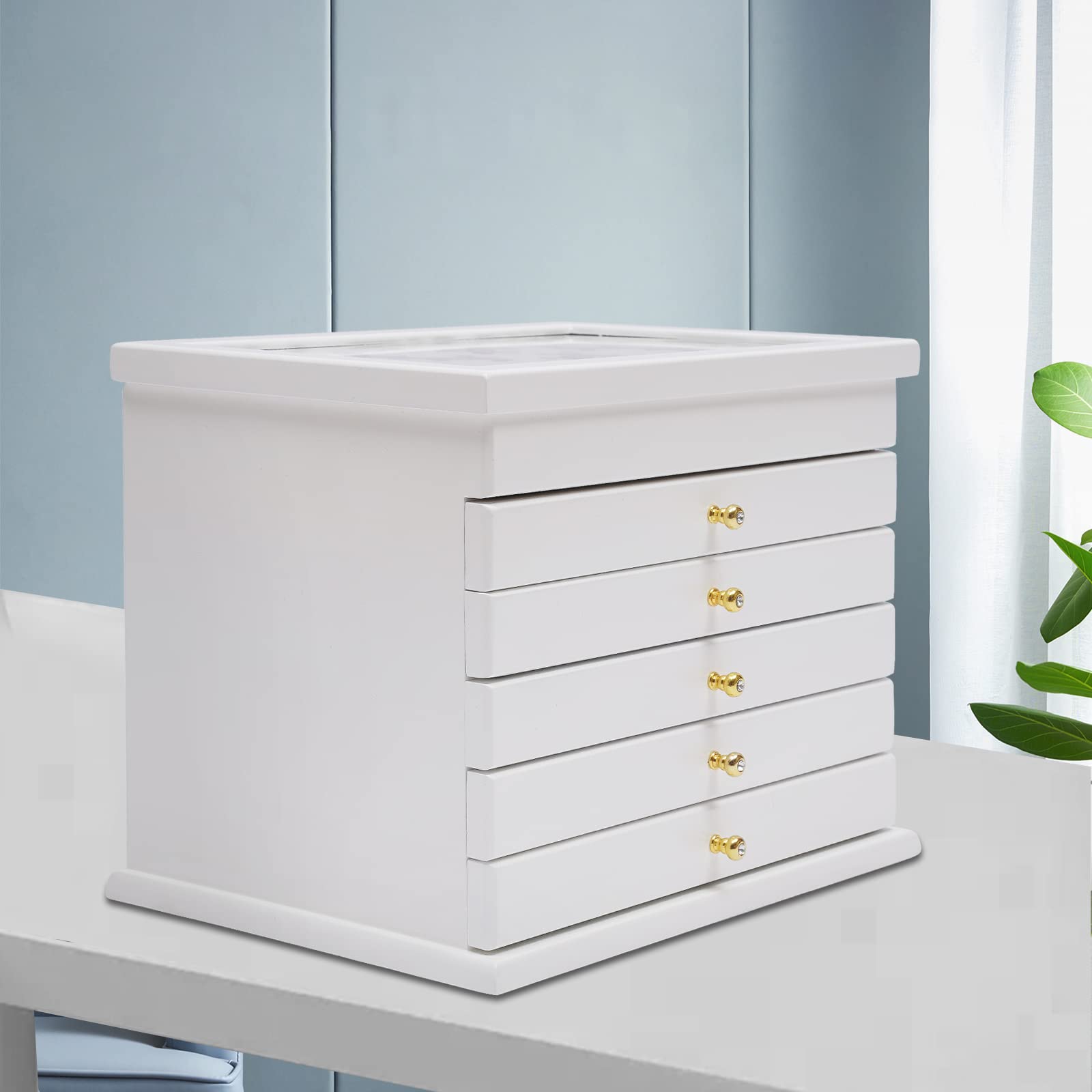 Szkatułka na biżuterię z drewna paulowni z aksamitem – 6 poziomów, 31 x 20 x 24,5 cm, biała – wzór vintage z rzeźbieniem w kwiaty śliwy – wolnostojąca
