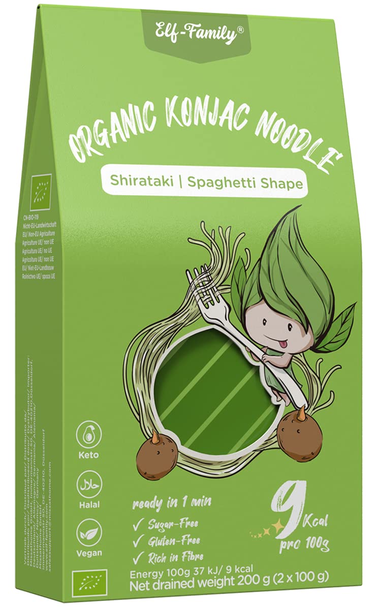 Elf-family Bio Pasta Konjac Keto Carbohidratos Ultrabajos/Vegano/Sin Gluten 270 g x 1 cajas(2 paquetes), Fideos Konjac Noodles Shirataki Noodles/Sin azúcar/Bajo en Calorías - Spaghetti