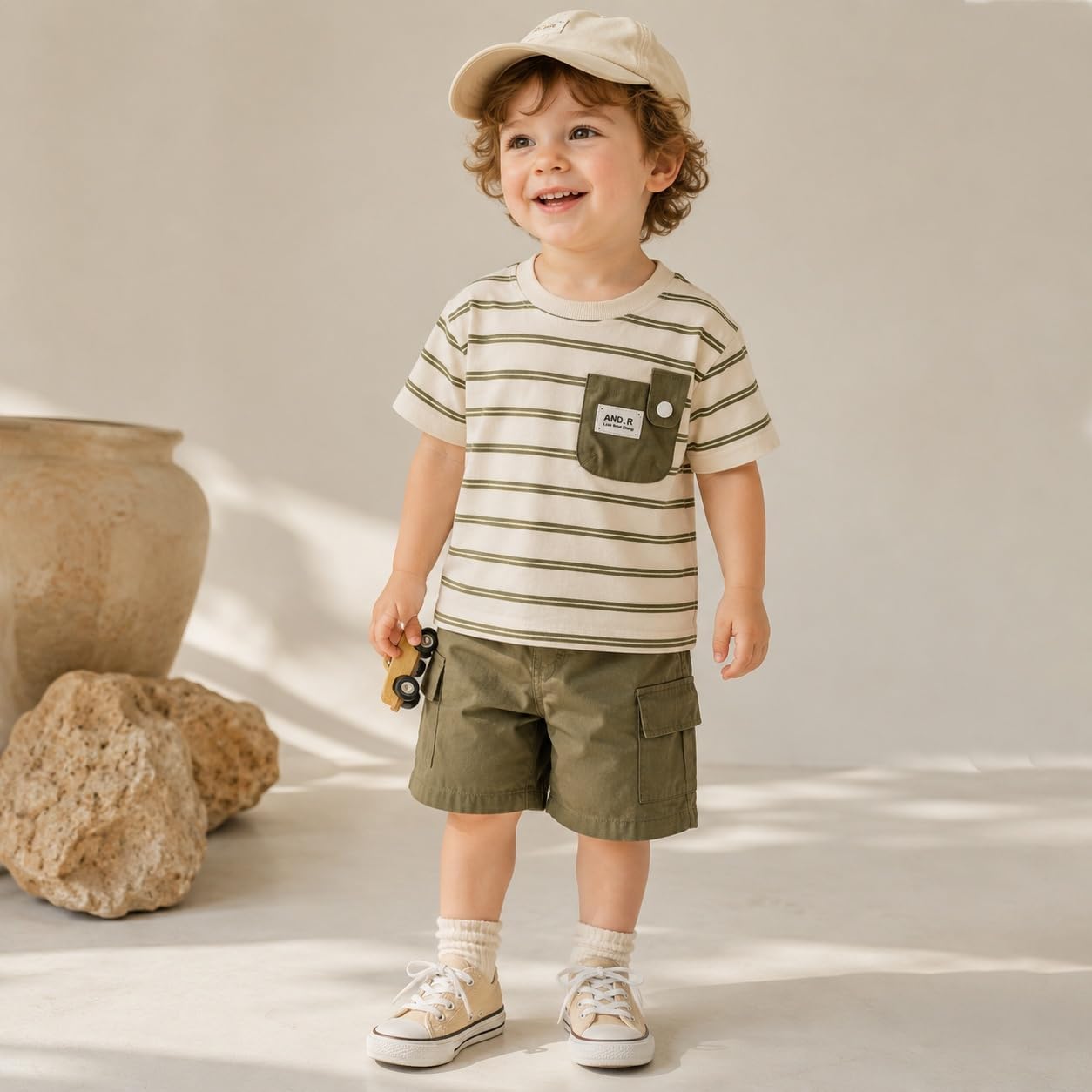 JQT Toddler Boy 2-Piece Summer Set, Striped Short-Sleeve T-Shirt with Patch Pocket and Brown Cargo Shorts, Cotton, Ages 0-5