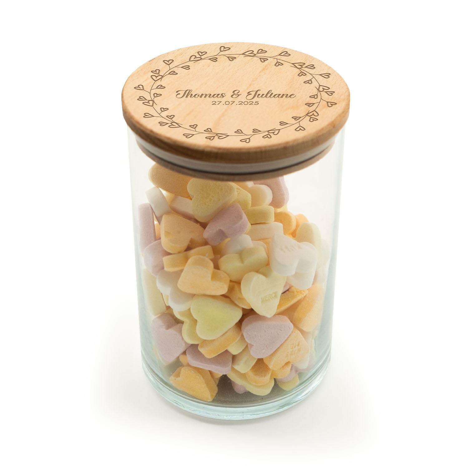 GRAVURZEILE Vorratsglas mit graviertem Holzdeckel - Kranz Herzen - Personalisiert mit Name & Datum - Keksdose Bonbonglas mit Deckel - Vorratsdose - Geschenk für Paare - 880 ml