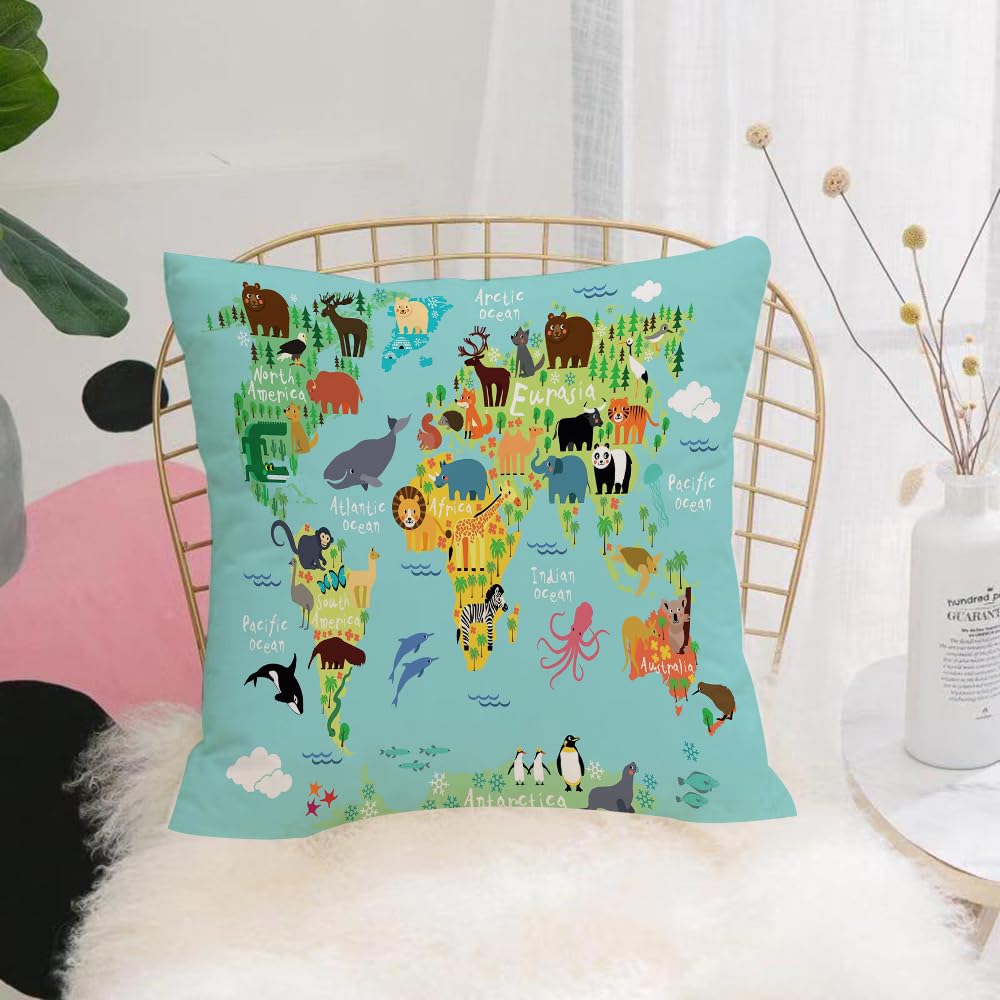 HYOSXW Cushion Cover,Throw Pillow Case Home Decorative for Living Room Bedroom Sofa Chair 16X16 Inch,Animal Children's World Map,Pillowcase 40X40cm