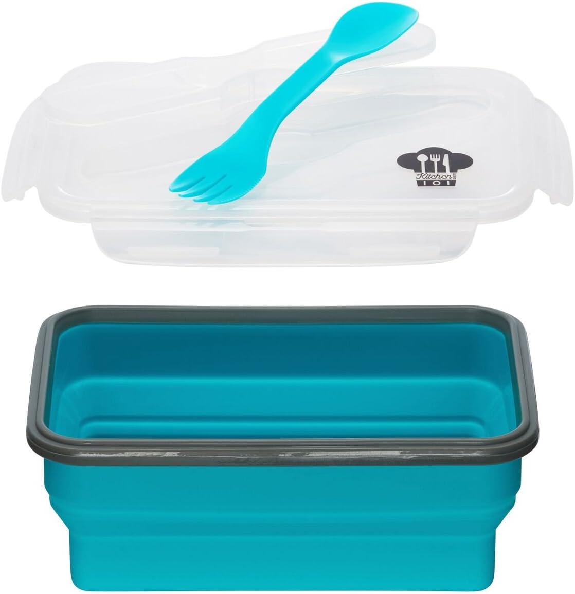 Kitchen Pro 101 Expandable and Collapsible Silicone School Lunch Box for Girls & Boys - 1 Compartment Bento Box Container for Kids/Adults - As Seen On TV (Blue) - Comes with Utensil
