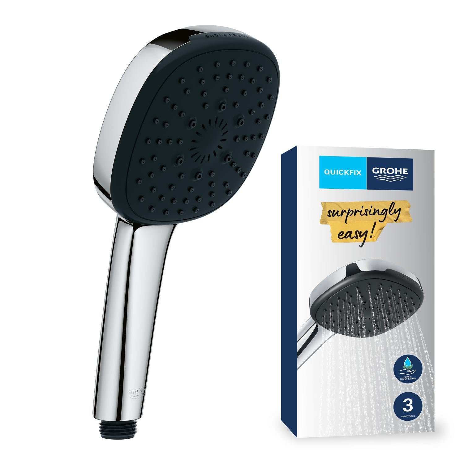 GROHE Vitalio Comfort 110 Manopola Doccino Doccia (3 getti Rain Jet Massage, DreamSpray, SpeedClean anticalcare, 110 mm), Cromo, 26092001