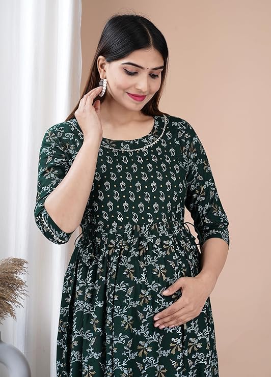 Image of Maternity Feeding Anarkali Kurti Dress for Women | Cotton Nursing Kurta with Both Side Zippers | Pregnancy & Nursing Wear | Comfortable Ethnic