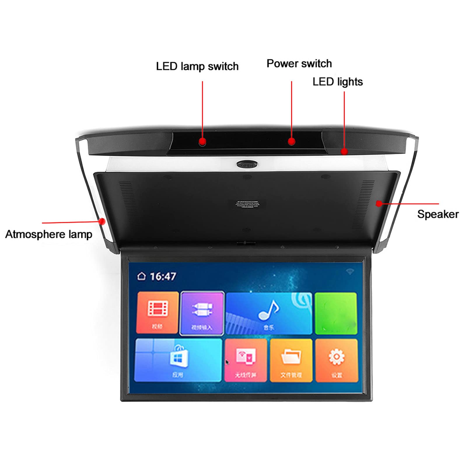 Monitor De Techo para Coche De 17,3 Pulgadas, Monitor Abatible IPS De 1080P, Montaje En Techo, Bluetooth, TV, WiFi, HDMI, USB, SD, FM, MP5, Altavoz, Reproductor para Android 8,1
