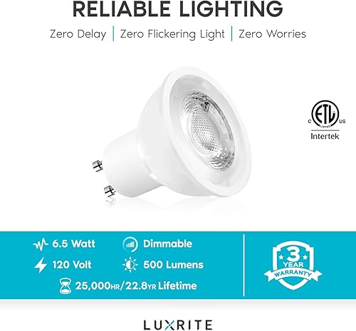 Miniatura 7 de LUXRITE Bombillas LED MR16 GU10 regulables, equivalente a halógeno de 50 W, blanco brillante de 5000 K, 500 lúmenes, bombilla LED GU10 de 120 V,