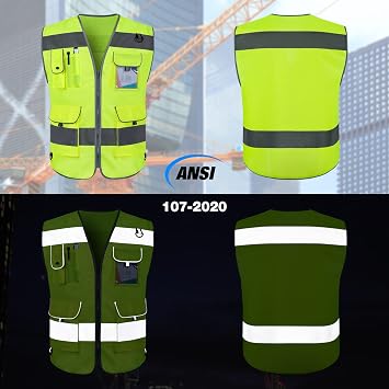 High Visibility Vest 9 Pockets Reflective Safety Work Vest for Men Women, Hi Vis Construction Vest with Reflective Strips, Meets ANSI/ISEA Standards, (UK-Yellow,X- Large)