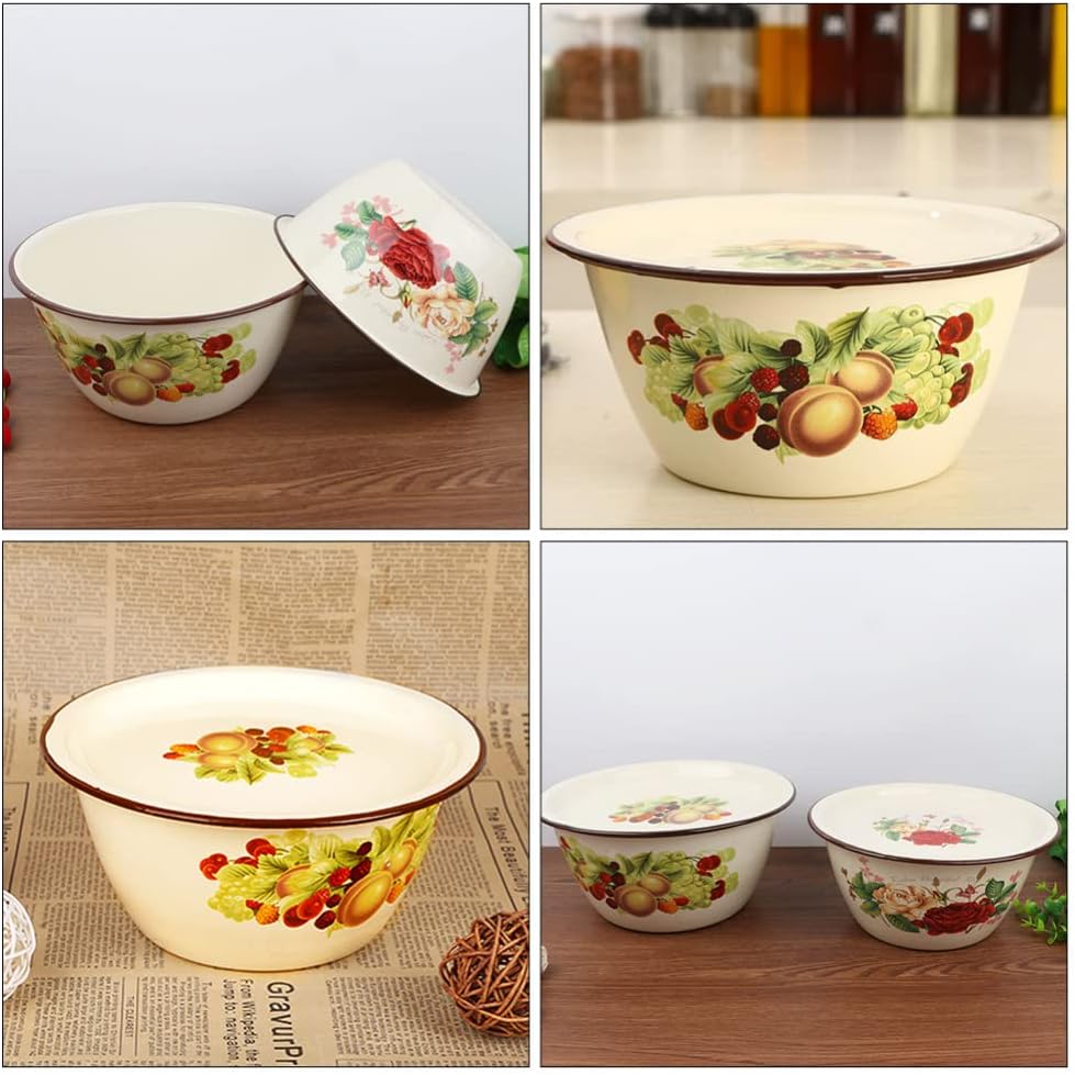 Enamelware Bowl Vintage Serving Bowl Enamel Mixing Bowl with Lid Fruit Print Soup Bowl Oil Basin Round Serving Tray for Soup Butter Oil 2L Pot (Color : As Shown, Size : 21.5X21.5X9.5CM) (Color : As S