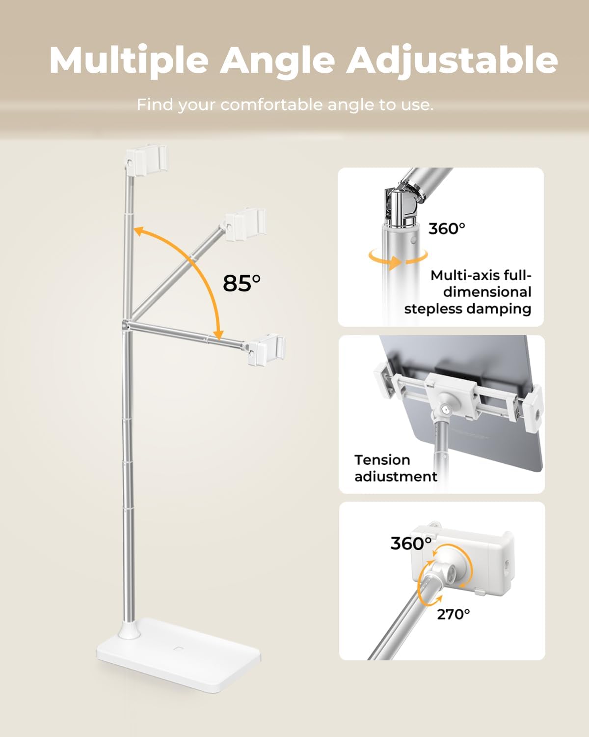 Tablet Floor Stand, Adjustable iPad Holder for Bed & Sofa - 360° Rotating Long Arm, Height Adjustable from 13.5" to 60.3", Sturdy Metal Base for iPad, Tablet, Phone (4-13 Inch), White