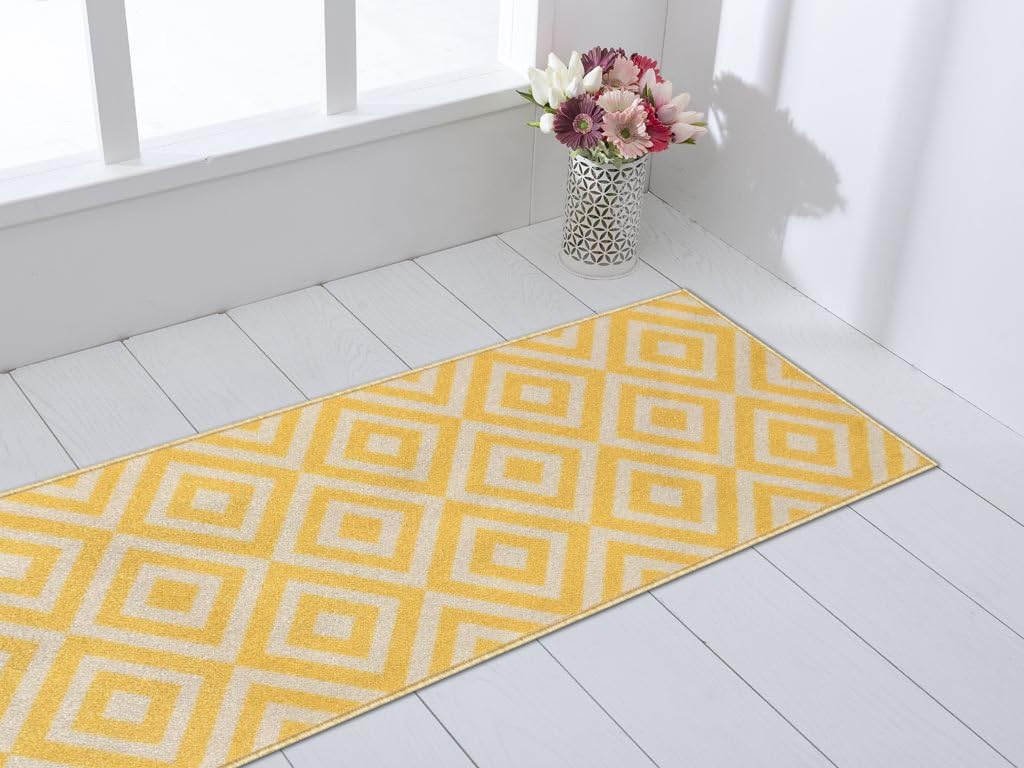Rubber Backed 20" x 59" Trellis Squares Yellow & Ivory Non-Slip Runner Rug Milldia Milano Collection Area Rugs MIL5009-2X5