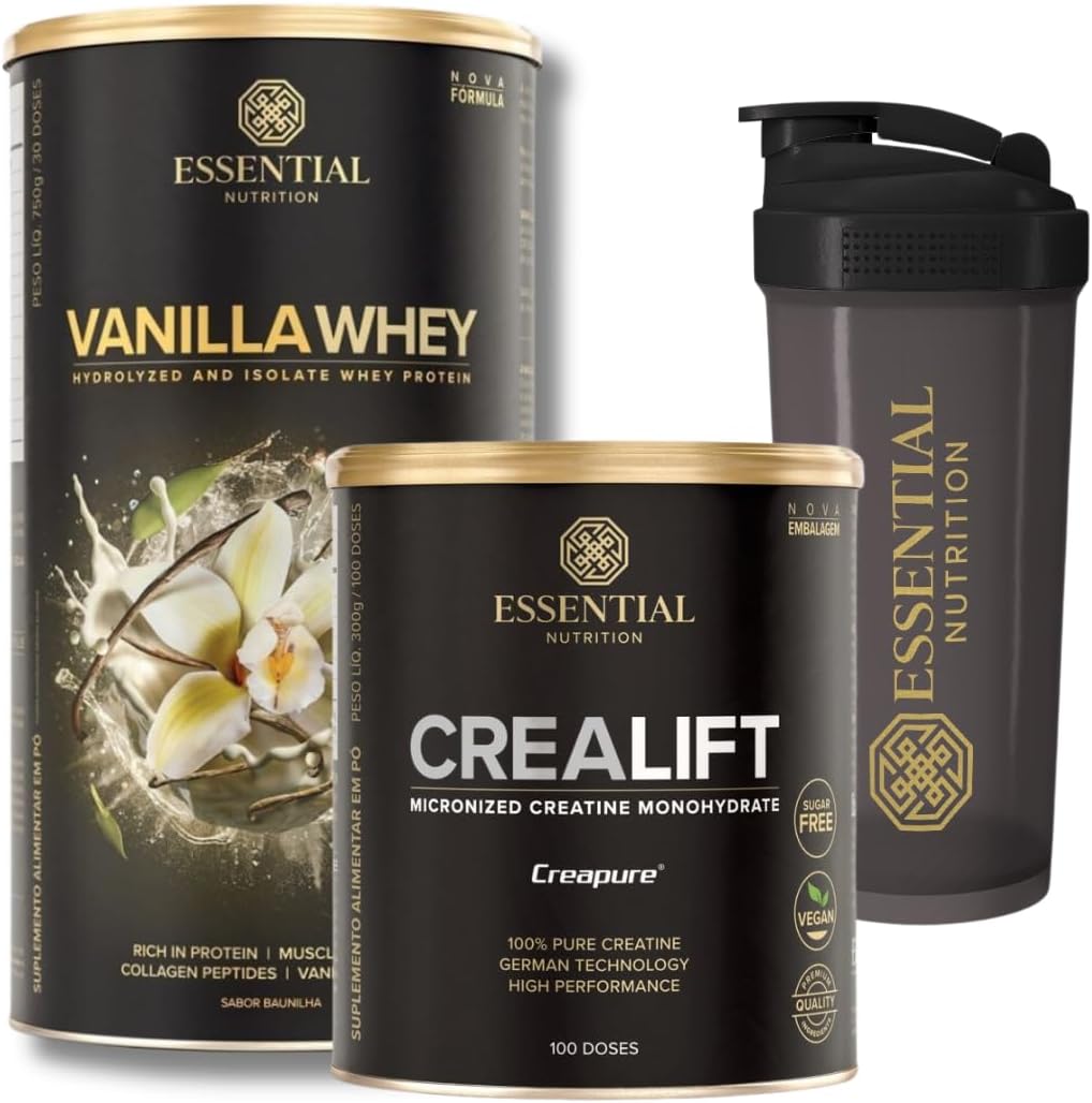 Combo Vanilla Whey 30 doses + Crealift (Creapure) 300g + Coqueteleira 600ml – Essential Nutrition