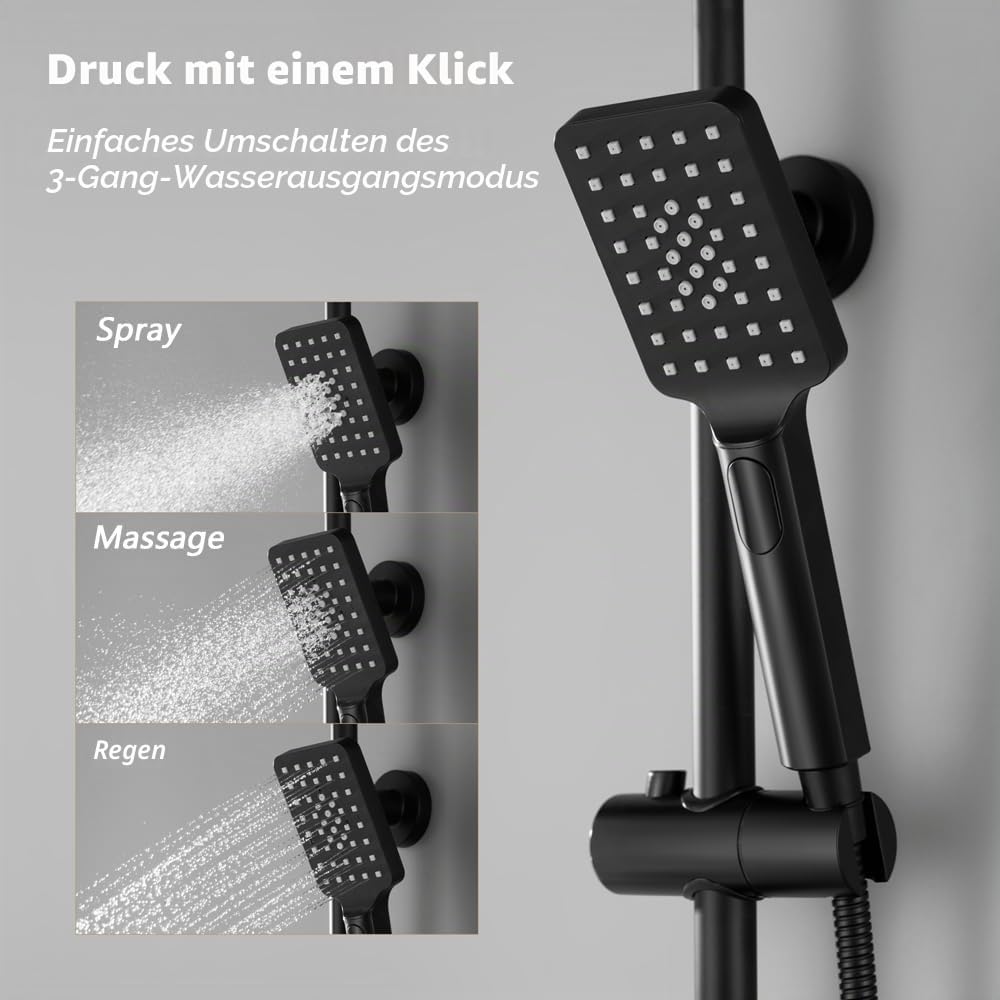 KOMIRO Duschsystem Schwarz, Duscharmatur Komplettset, Duschset mit Armatur, Regendusche Schwarz, Regendusche Duschkopf und Handbrause, Dusche Komplett für Badzimmer, Quadrat