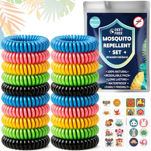 Mückenschutz Armband Mückenarmband Set - 20 Stück Anti Mücken Armband mit 60 Mückenpflaster für Kinder Erwachsene, Camping Zubehör Gadgets Outdoor Mückenabwehr Armband, Urlaub Must Haves Mückenschutz