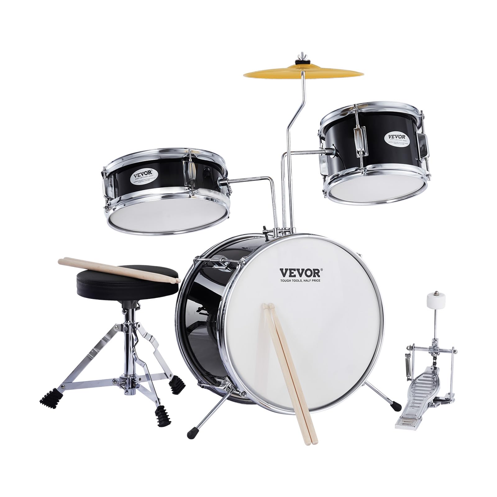 VEVOR Drum Set for Kids, Beginner Junior Drum Kit with Adjustable Throne, Sticks, Cymbal, Pedal, Tom Snare Bass, Starter Drumset for Children (Black, 3-Piece, 14 in)