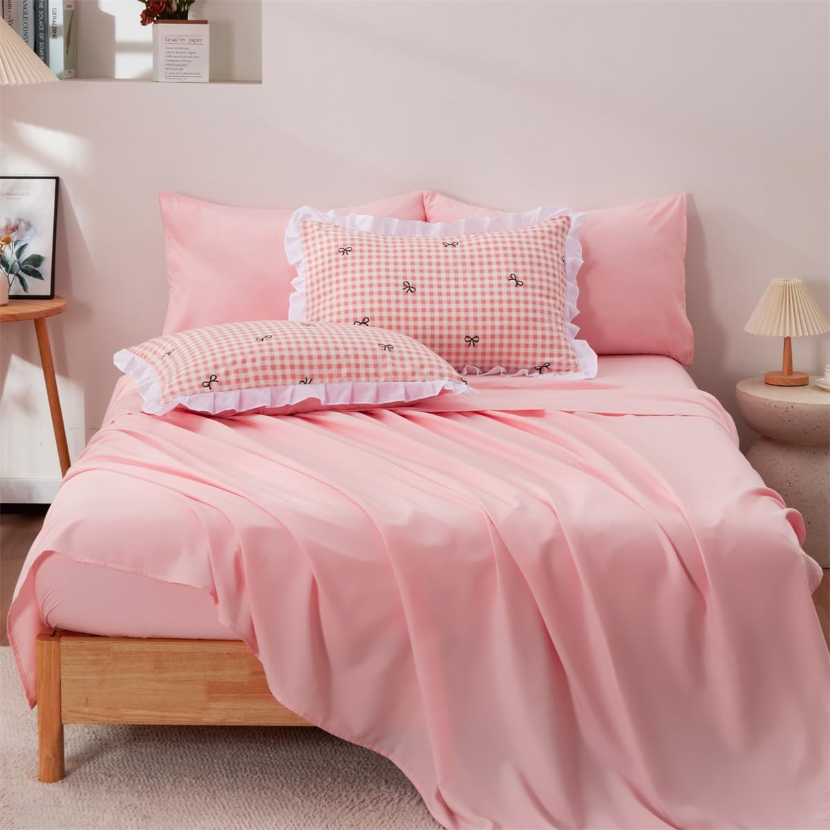 NTBED Twin Gingham Kids Comforter Set for Girls,Pink Plaid Farmhouse Ruffled Bedding Sets,5 Pieces Checkered Bow Bed in a Bag