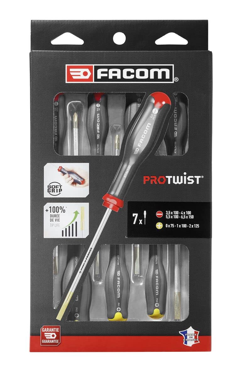 FACOM Zestaw 7 wkrętaków Protwist – ergonomiczne, antypoślizgowe uchwyty – Phillips + Pozidriv + płaski otwór – AT.7Pb