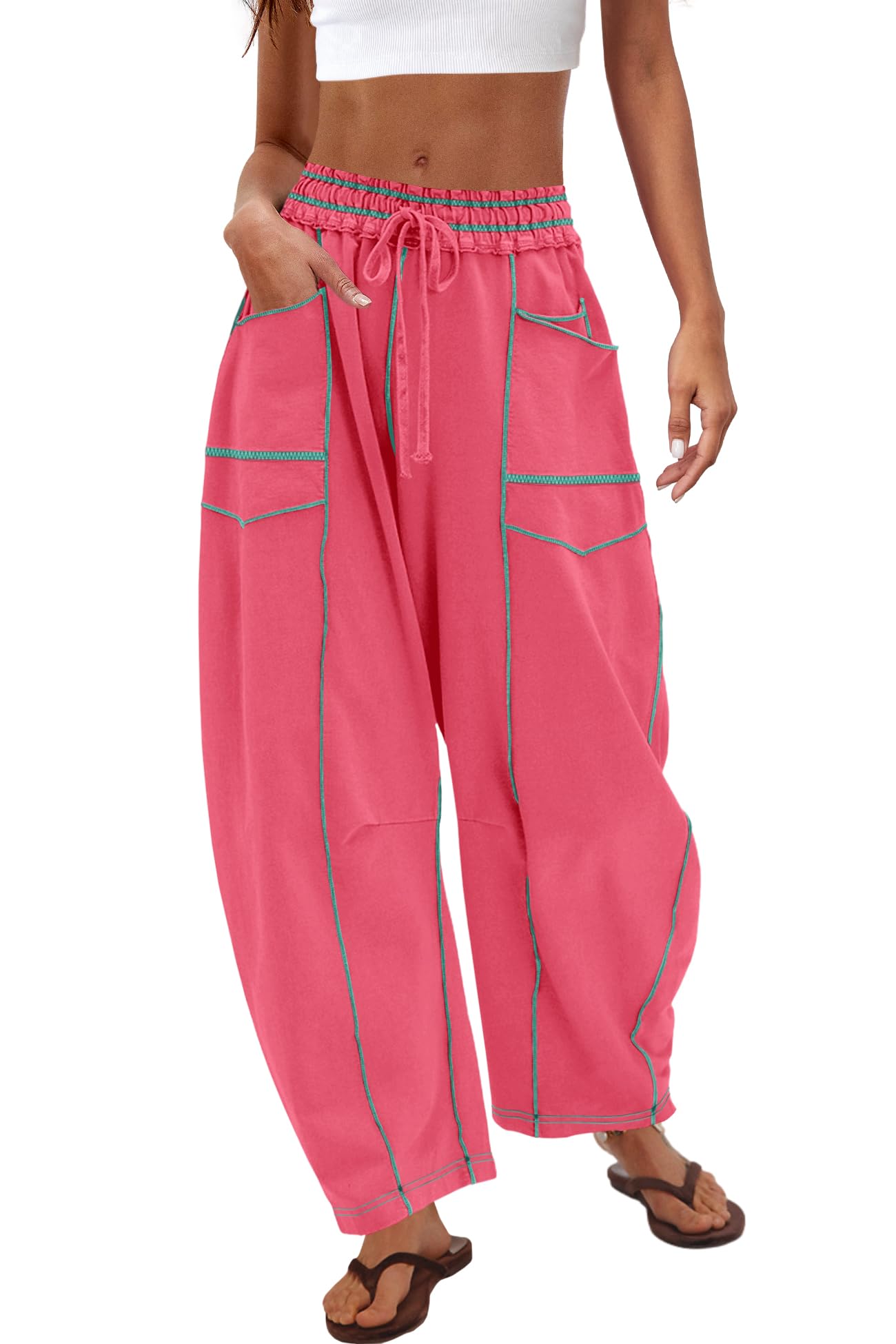 Nirovien Wide Leg Pants Women Baggy Sweatpants High Waisted Pants with Pockets Casual Lounge Pants(Watermelon Red,S)