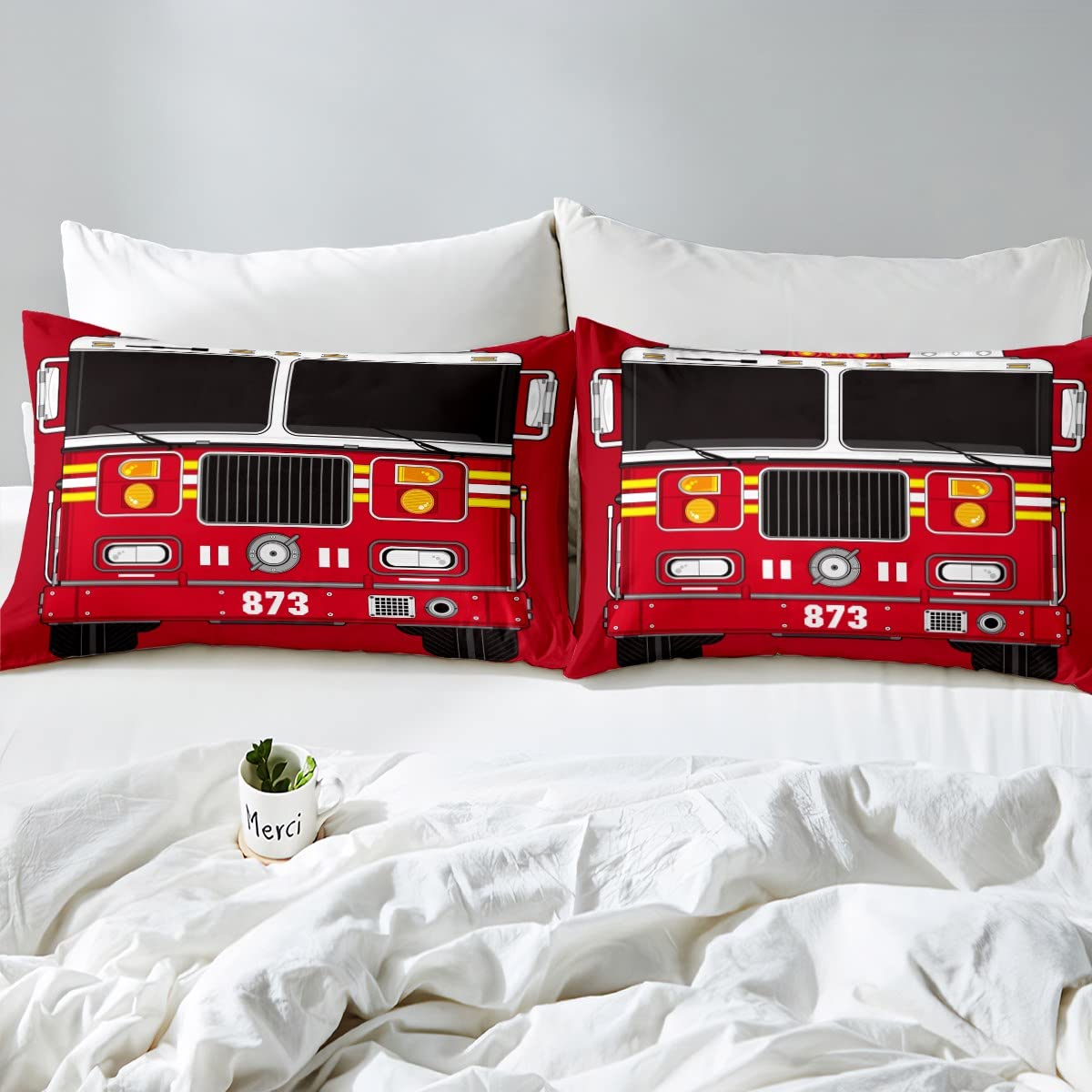 Manfei Fire Truck Duvet Cover Set King Size, Red Fire Engine Comforter Cover with 2 Pillowcases - Image 4