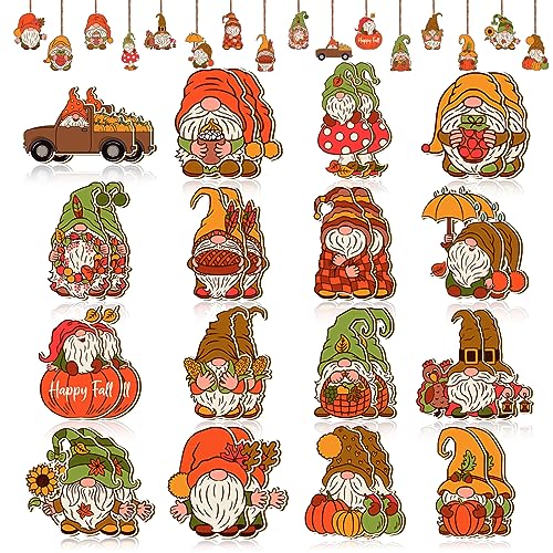 32Pcs Thanksgiving Fall Gnomes Ornaments 16 Styles Thanksgiving Wooden Ornaments for Small Tree Hanging Pendents Autumn Pumpkin Mix Cutouts for Thanksgiving Fall Holiday Home Decor Supplies