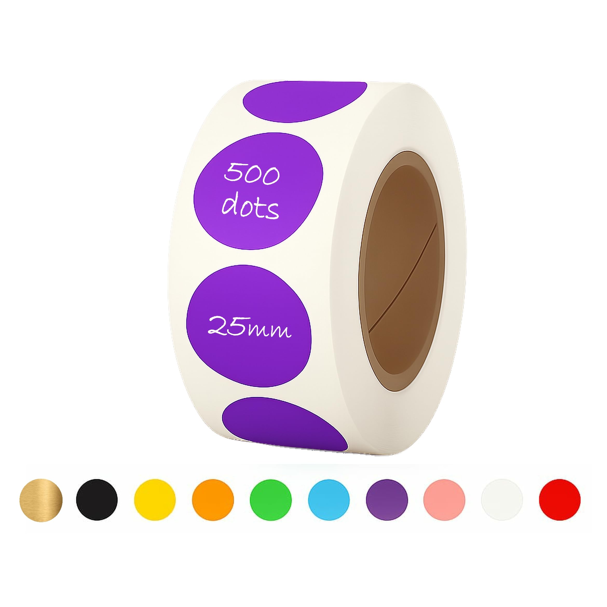 25mm Sticky Dots - 500 Round Coloured Dot Stickers, 10 Assorted Colours, Writable Semi Gloss Labels, Easy Peel Roll, Durable Circle Labels for Office, School Calendars, Crafts & Organisation (Purple)