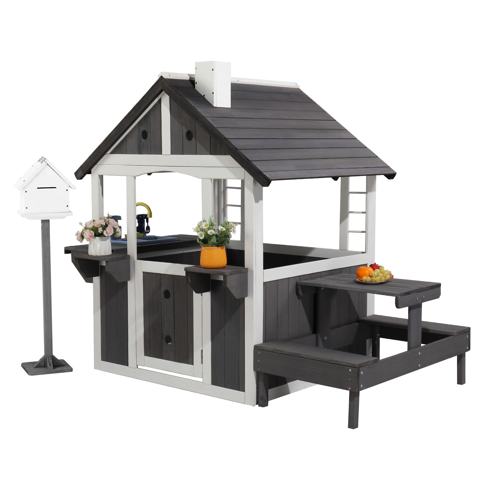 JOYMOR Kids Wooden Playhouse for Outdoor, Cottage with Sink, Picnic Table, Mailbox, Flowerpot Holders, Age 3-8 (Gray&White)
