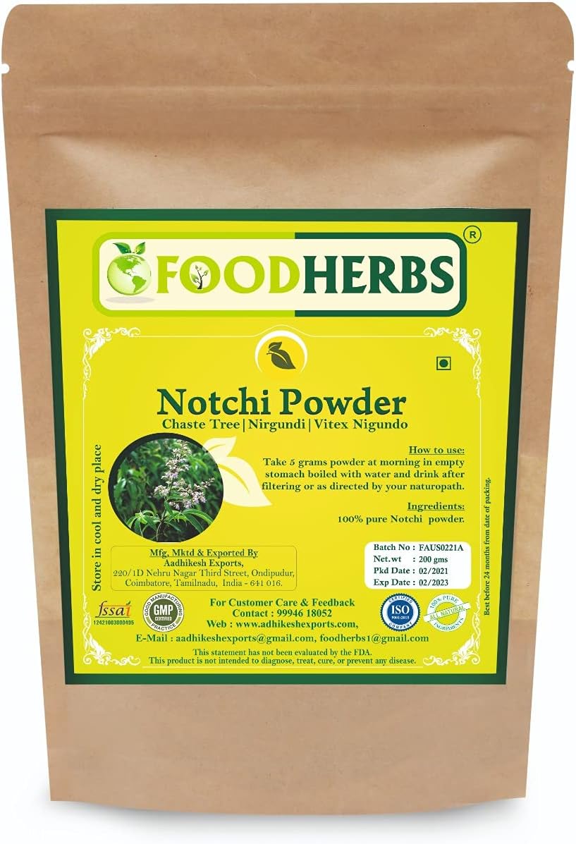 Foodherbs Notchi/Vitex Nigundo/Nirgundi Leaf Powder (200 Gm/0.44 Lbs)