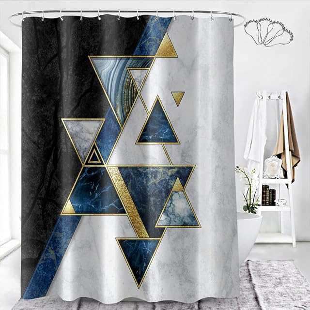 DeKeLaiFu Cloth Fabric Marble Shower Curtain Navy Blue Grey Gold Black and white with Steel Hooks, Geometric Abstract Art Modern Shower Curtains Bathroom Curtains Decor, Weighted Waterproof, 180x180cm