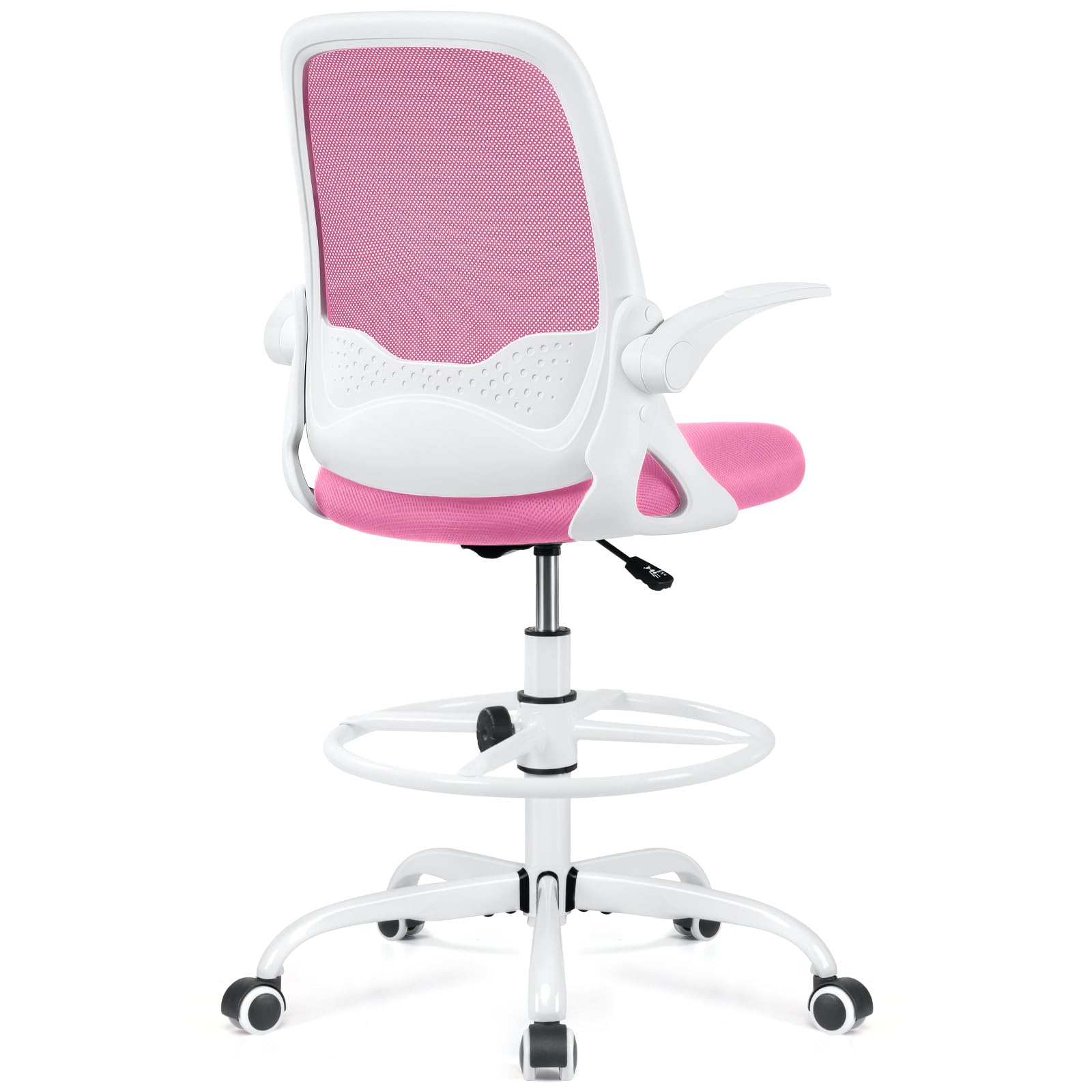 KERDOM Silla de oficina ergonómica, silla de escritorio con reposabrazos abatibles y soporte lumbar, silla giratoria de altura ajustable con aro reposapiés, adecuada para la oficina y para casa, rosa