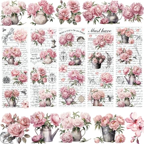 WANDIC 5 Feuilles Autocollant de Transfert pour Meuble,Transfert à Frotter pour Meuble Fleurs de Pivoine Rose Vintage Stickers Scrapbooking Décalcomanies Imperméables pour Loisirs Créatifs,10 x 30cm