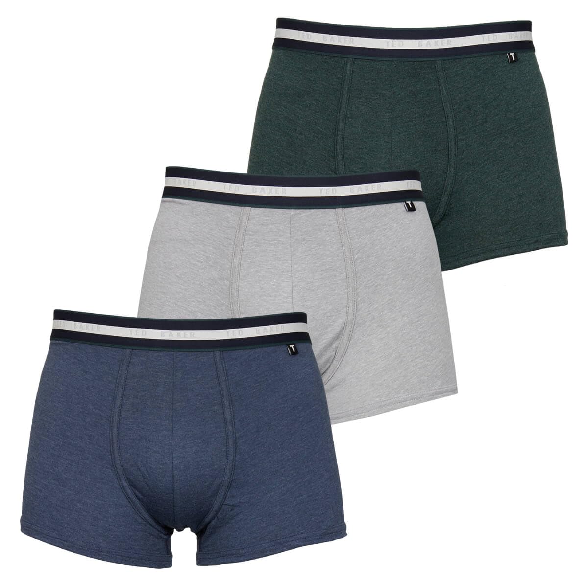 Ted Baker Mens Trunks, Cotton, 3-Pack, (TBB02), Dark Denim/Grey Heather/Scarab, M