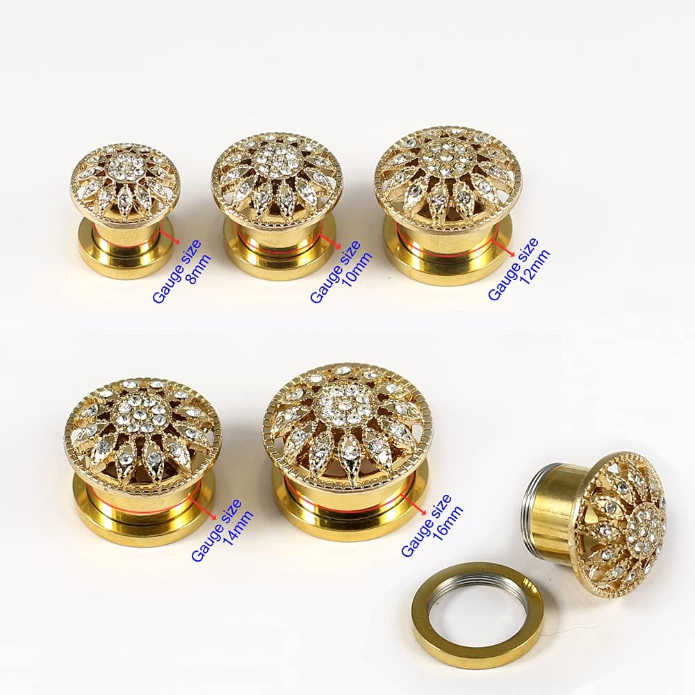 Multi Crystal Stone Tribal Filigree Gold Anodized 316L Surgical Steel Ear Gauge Flesh Tunnel - Stretching - Ear Piercing Body Piercing Jewelry