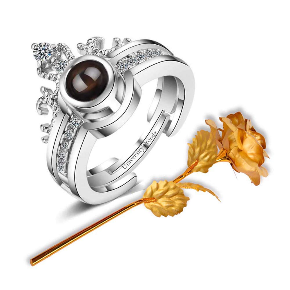 I Love You 100 Language Loving Memory Projection Crown Ring with Artificial Golden Rose Flower Box for Girlfriend, Wife, Lovers Romantic Gift for Valentine Day (Silver)