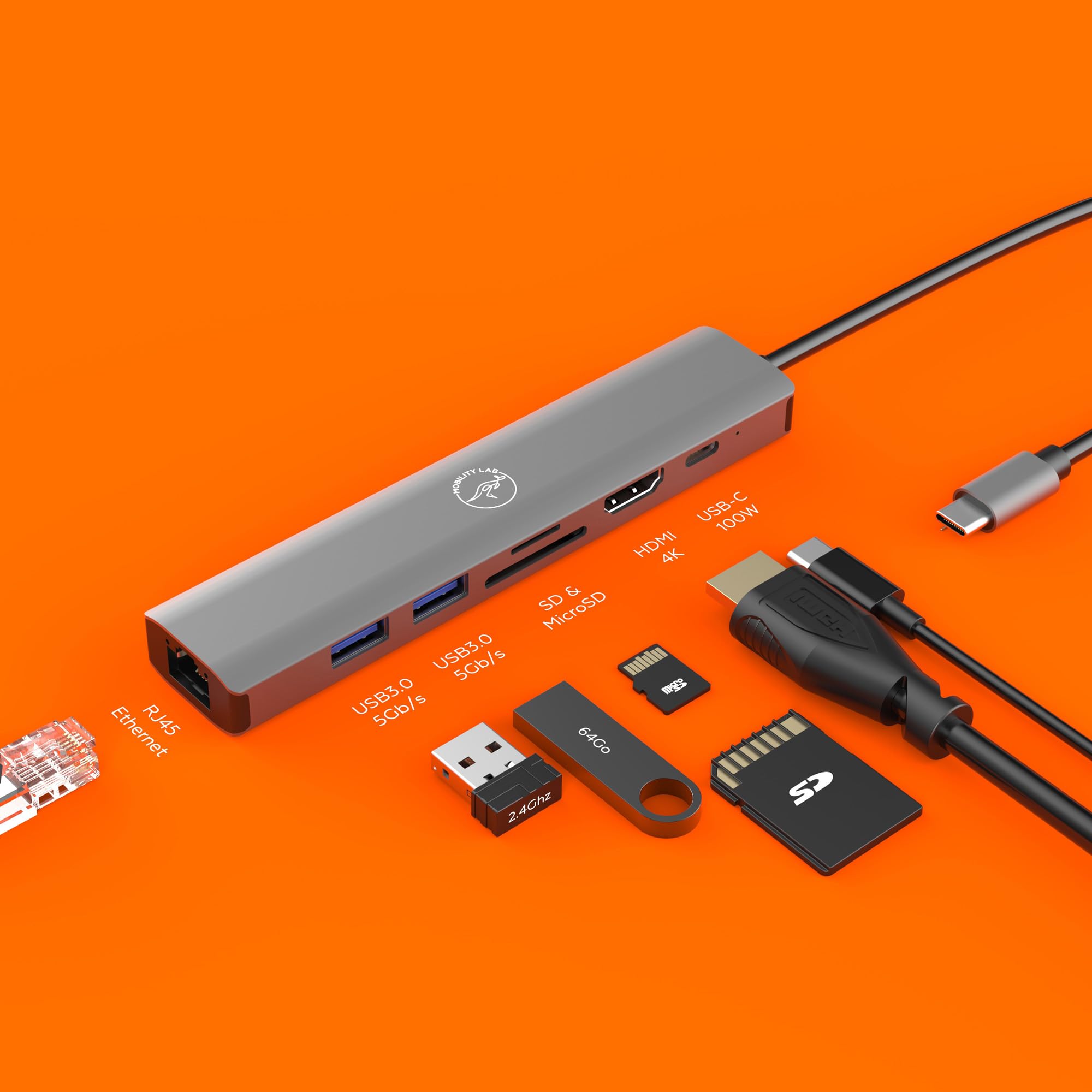 Mobility Lab – Hub Adaptateur USB-C 7 en 1 100W – Port HDMI, 1 Port USB-C, 2 Ports USB 3.0, Ethernet, Lecteur de Carte SD et Micro SD – Transfert de donnée Rapide et HDMI 4K – pour macOS et Windows