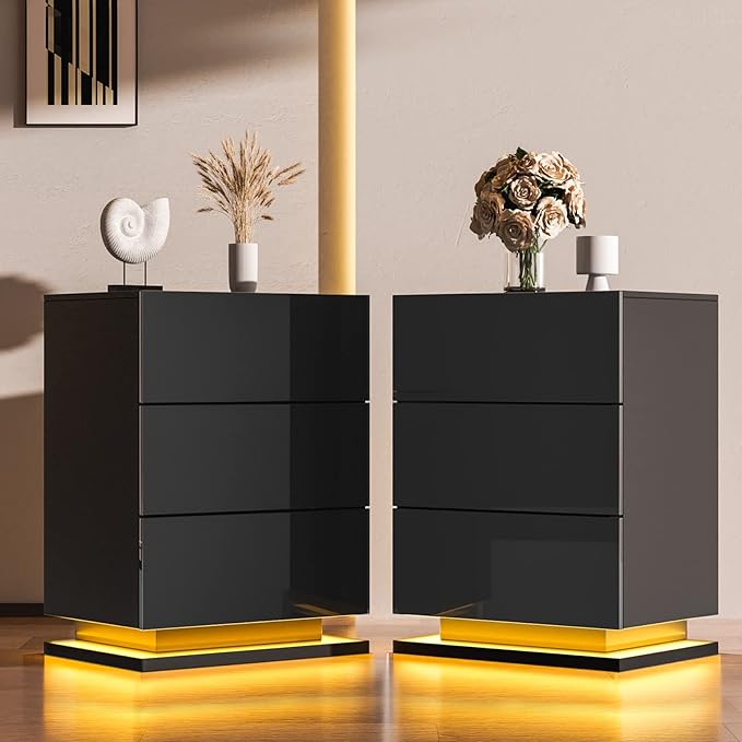 YILQQPER Nightstand Set of 2 with LED, End Tables with 3