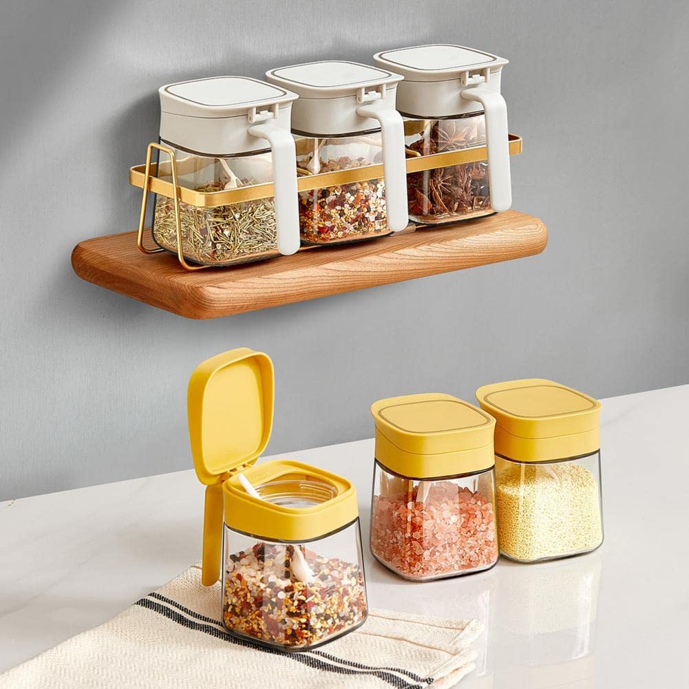 Frascos de especias, contenedor de condimentos, 1 Juego de tarros de condimentos Gran capacidad Buen sellado Vidrio visual Tapa abatible Juego de caja de condimentos con cucharas Suministros de cocina