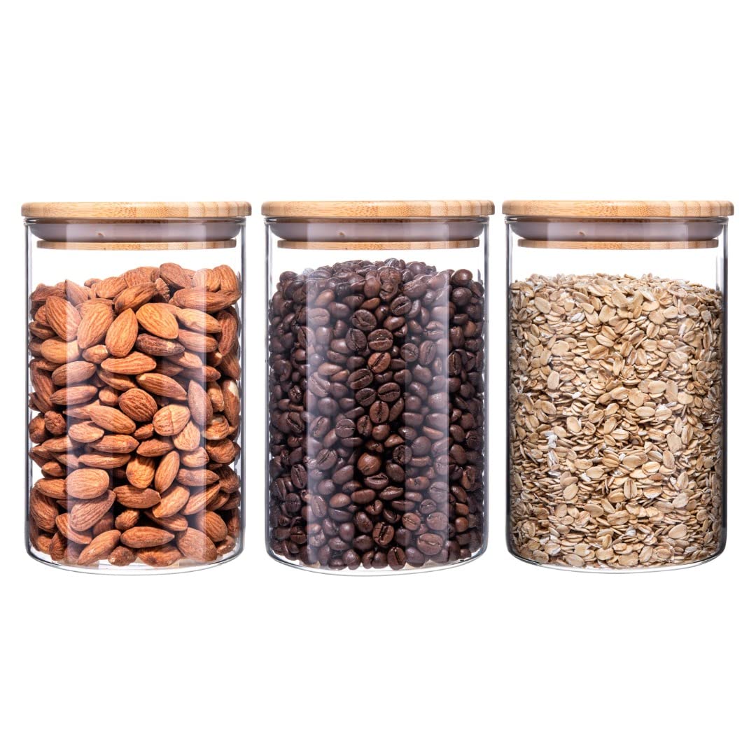 Igluu Meal Prep Transparent Glass, Wood Lid Glass Jars With Bamboo Lids (Set Of 3)