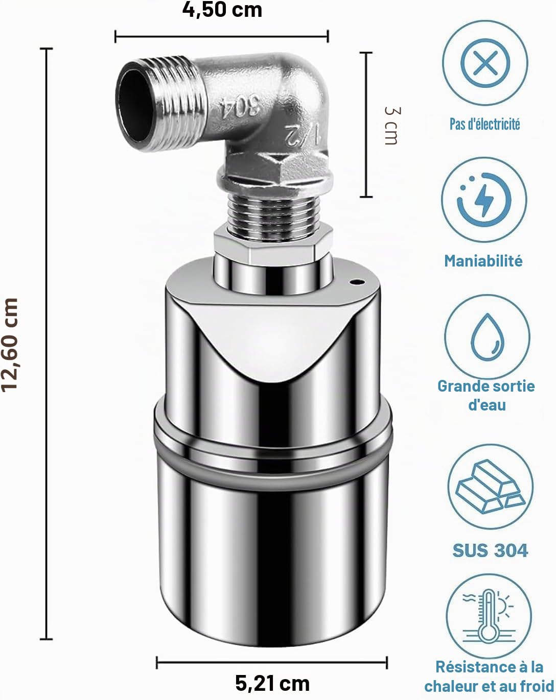 Robinet flotteur 1 pouce pour réservoir d'eau piscine - Valve de contrôle automatique du niveau d'eau - Acier inoxydable 304 Mauvais niveau d'eau - Remplissage automatique - Valve flottante