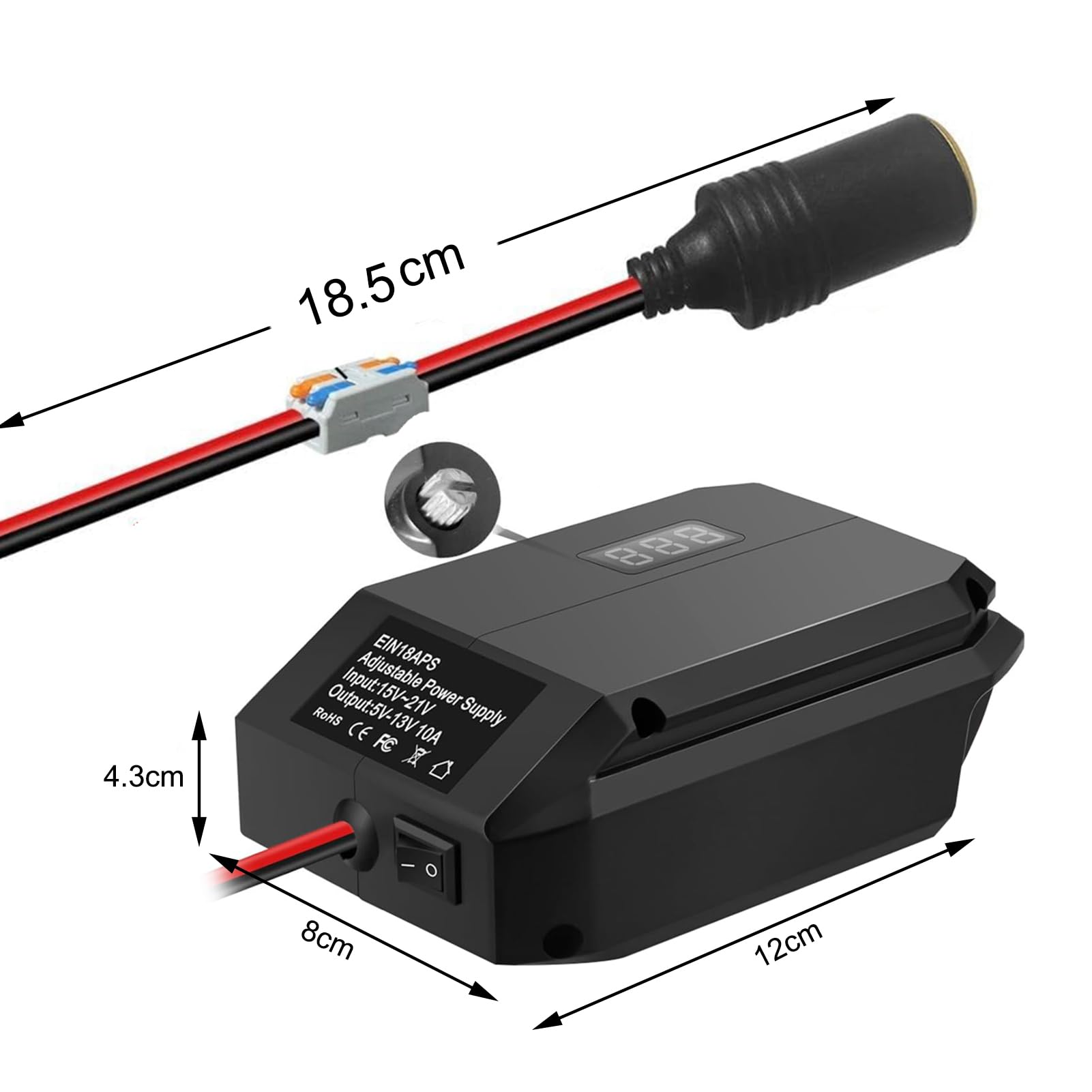 Convertisseur abaisseur 18 V à 12 V pour Batterie Einhell 18 V, Tension CC Adaptateur d'alimentation pour Batterie Sortie 5 V-13 V Max. 10 A Prise Allume-Cigare