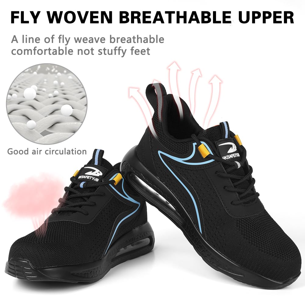 OFFCUP Męskie buty ochronne, buty ochronne, buty robocze ze stalowym noskiem, lekkie, wygodne buty ochronne, buty robocze, trampki przemysłowe, z poduszką powietrzną, czarne