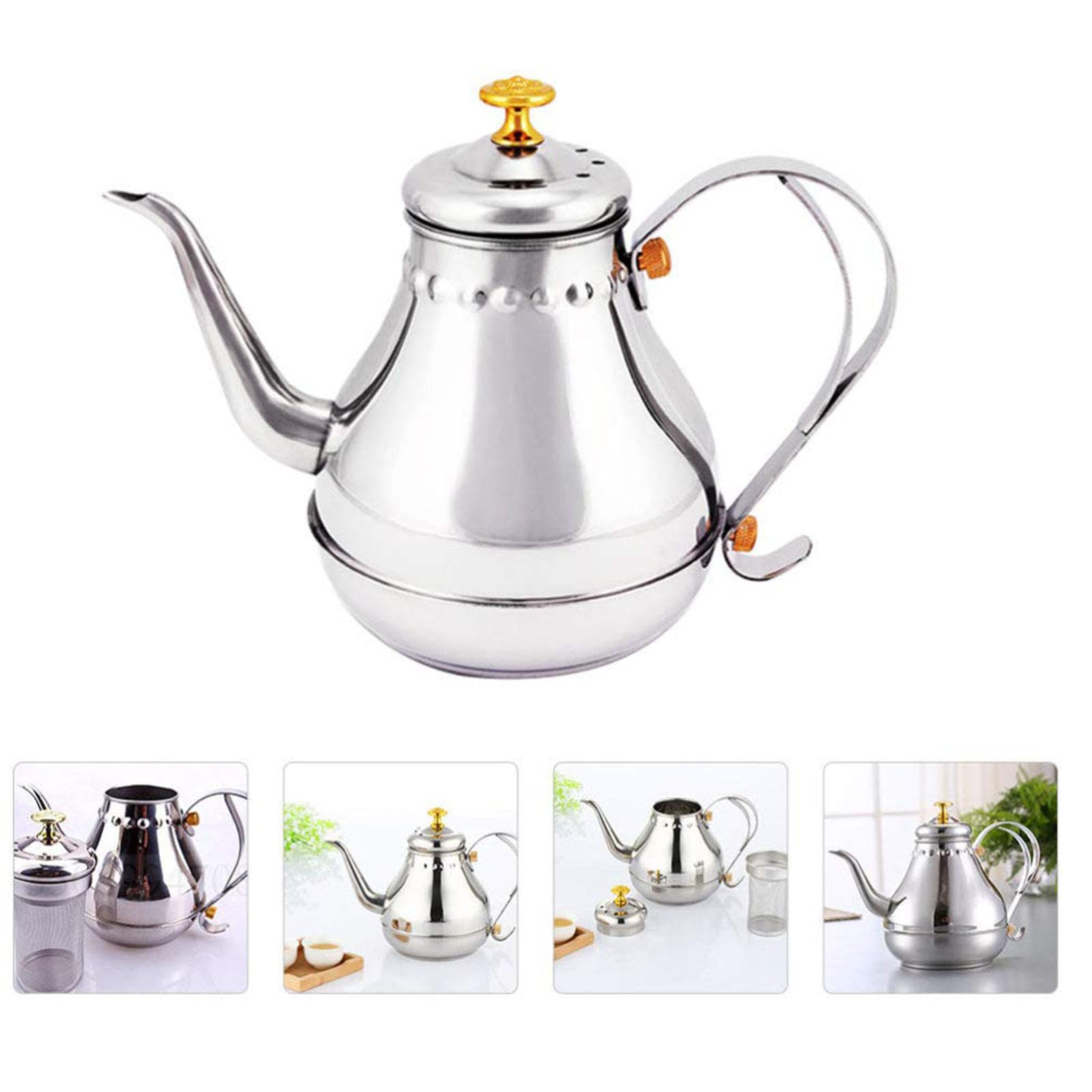JTBDWOSK 1. 8L Tea Kettle Stainless Steel Teapot Long Swan Neck Coat Pot Over Teapot Mouth Pour Out Sieve for Stove Induction Pour,Silver - Image 4