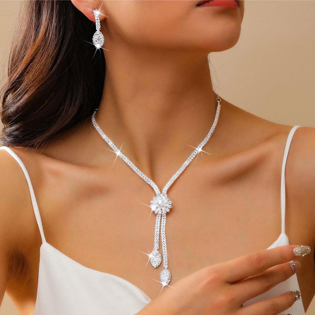 Gangel Silver Rhinestone Necklace Set Crystal Earring Bridal Wedding Jewelry Sets Prom Necklace for Women - Image 4