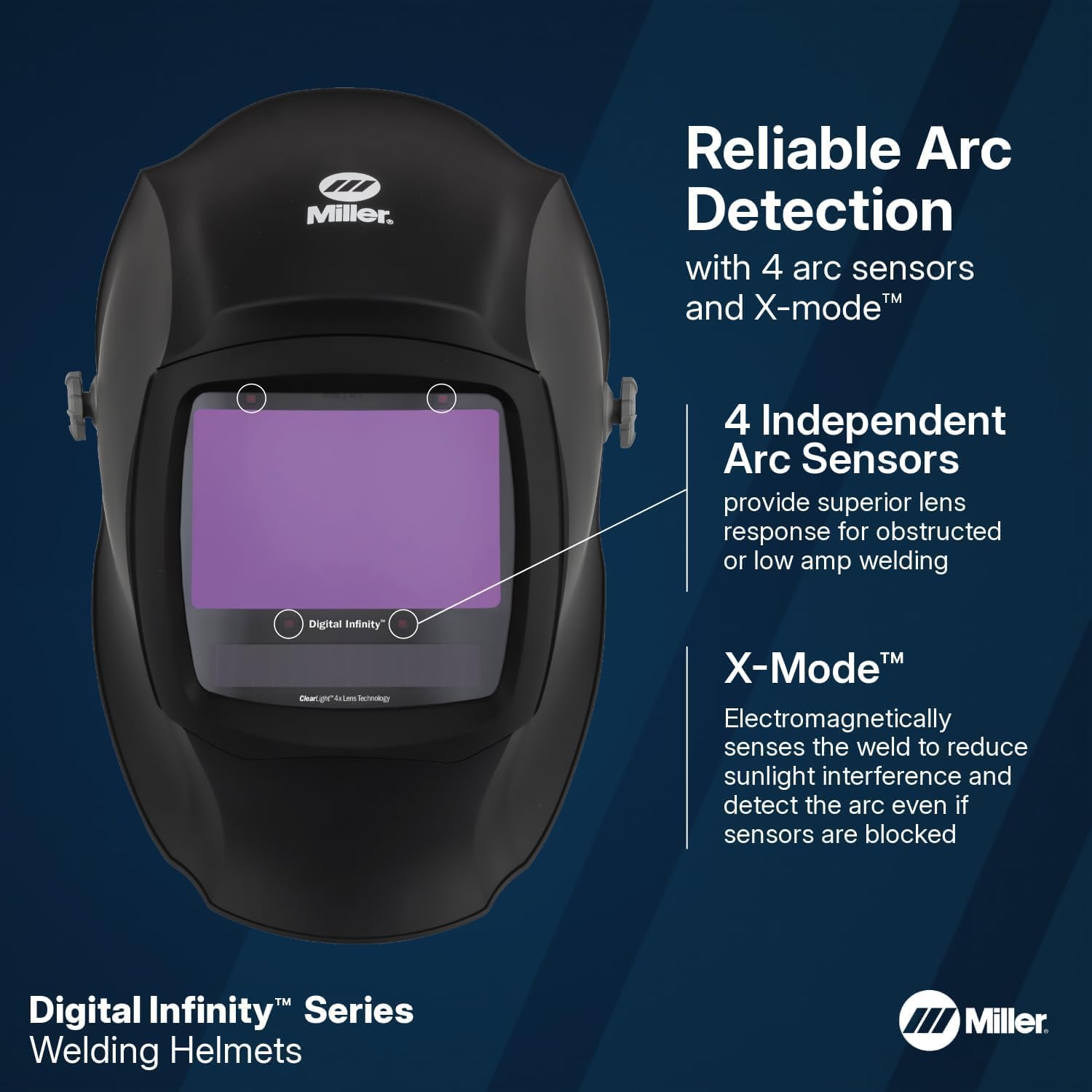 Miller Digital Infinity™, ClearLight 4X - Auto Darkening Welding Helmet for Men with Light State and 4 Arc Sensors - Lightweight Welding Hood